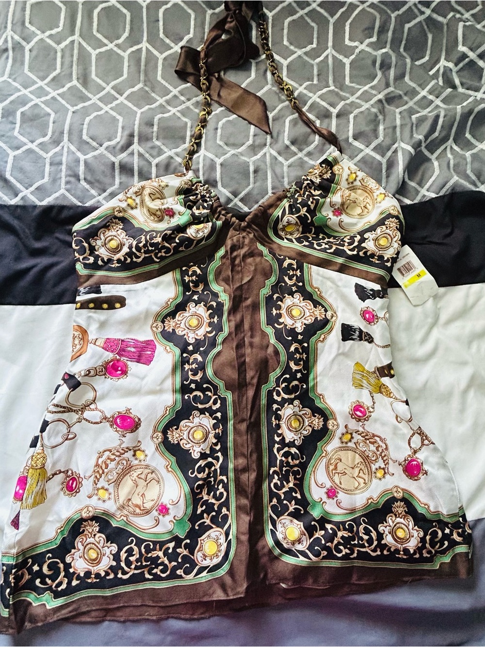 VTG Women’s Brown & White Printed Silk Scarf Halter Top SZ Medium